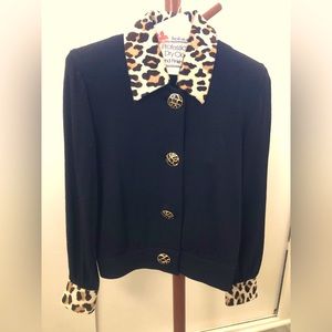 St. John Knit Leopard Collared Black Jacket S